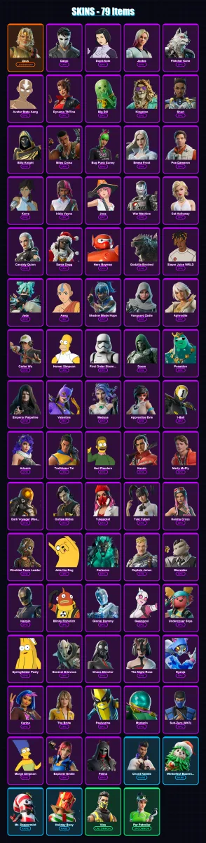 [PS4/PS5/XBOX/PC] | Zeus | Daigo | Dupli-Kate | Jackie | Fletcher Kane | 79 skin | 132 pickaxe | 86 emote | 91 glider | Lv1153