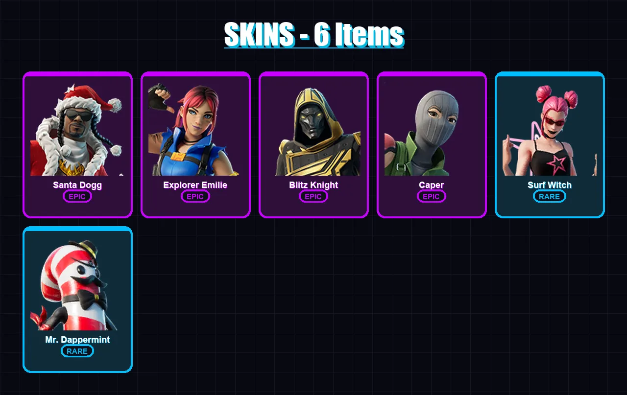 [PC/XBOX] | Santa Dogg | Explorer Emilie | Blitz Knight | Caper | Surf Witch | 6 skin | 43 pickaxe | 15 emote | 26 glider | Lv390