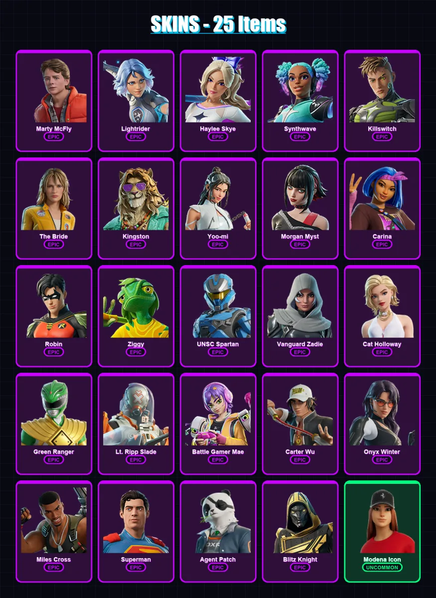 [PC/XBOX/PSN] | Marty McFly | Lightrider | Haylee Skye | Synthwave | Killswitch | 25 skin | 60 pickaxe | 36 emote | 39 glider | Lv1040