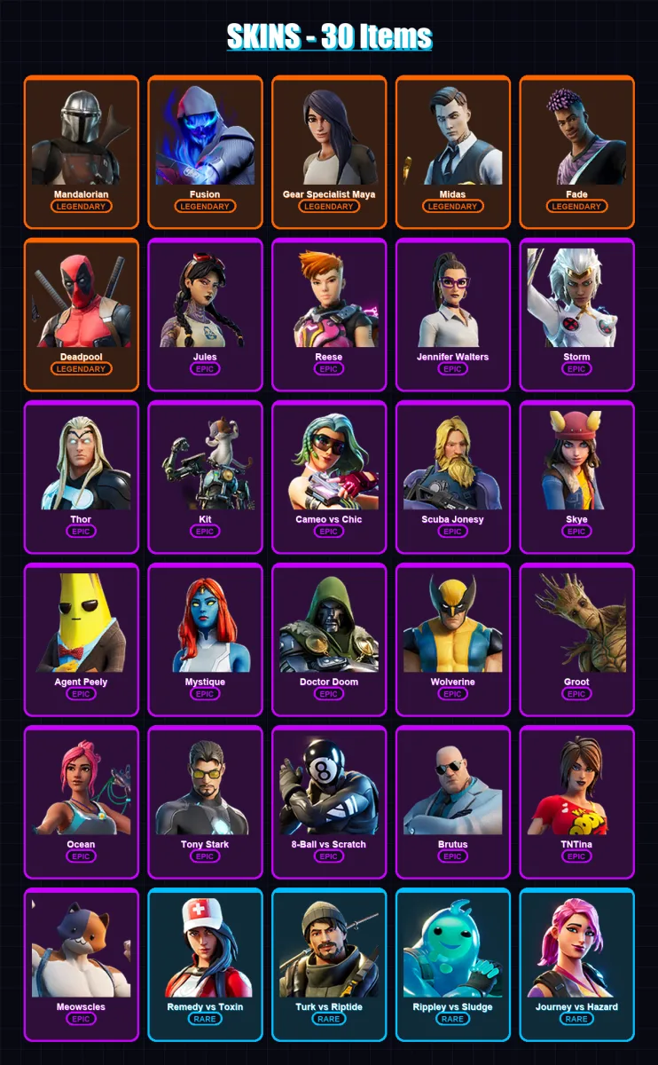 [PC/XBOX/PSN] | Mandalorian | Fusion | Gear Specialist Maya | Midas | Fade | 30 skin | 32 pickaxe | 28 emote | 35 glider | Lv601