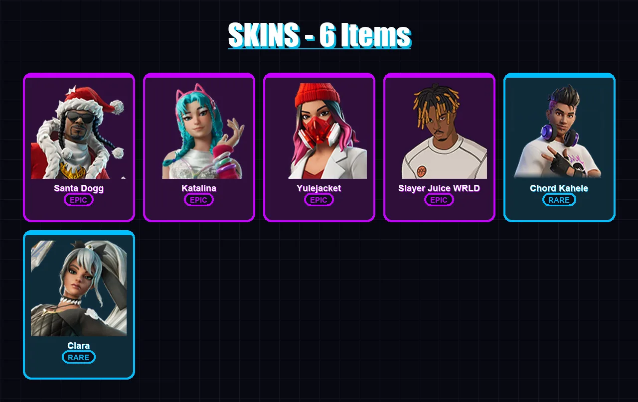 [PC/XBOX/PSN] | Santa Dogg | Katalina | Yulejacket | Slayer Juice WRLD | Chord Kahele | 6 skin | 18 pickaxe | 8 emote | 10 glider | Lv123