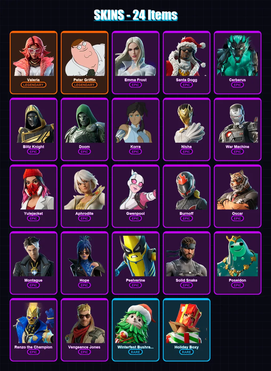 [PC/XBOX] | Valeria | Peter Griffin | Emma Frost | Santa Dogg | Cerberus | 24 skin | 48 pickaxe | 38 emote | 38 glider | Lv381