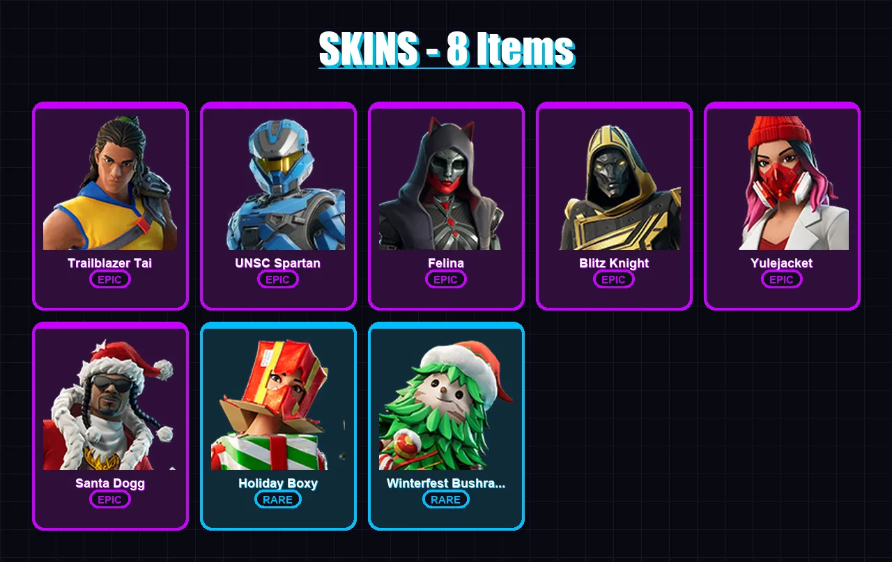 [SWITCH/XBOX/PSN/PC] | Trailblazer Tai | UNSC Spartan | Felina | Blitz Knight | Yulejacket | 8 skin | 64 pickaxe | 30 emote | 45 glider | Lv619