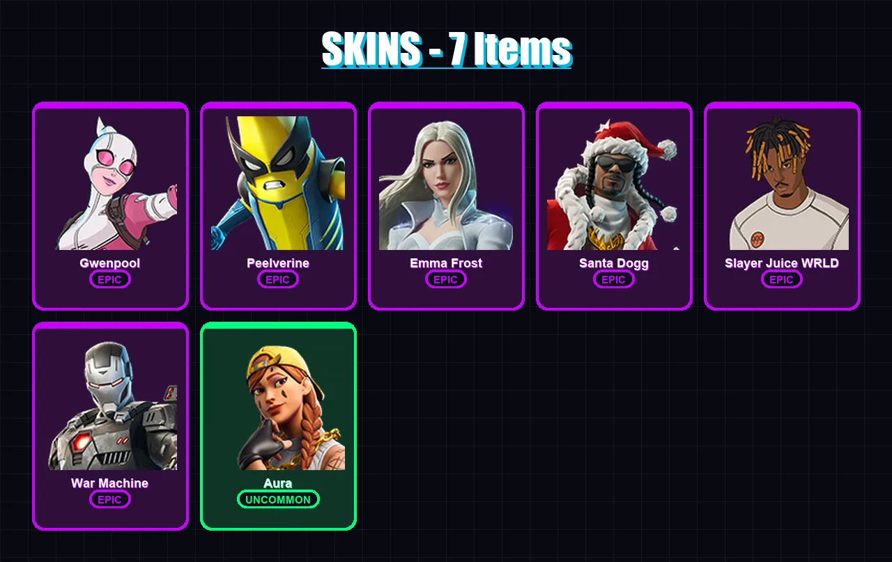 [PC/XBOX/PSN] | Gwenpool | Peelverine | Emma Frost | Santa Dogg | Slayer Juice WRLD | 7 skin | 17 pickaxe | 11 emote | 14 glider | Lv120