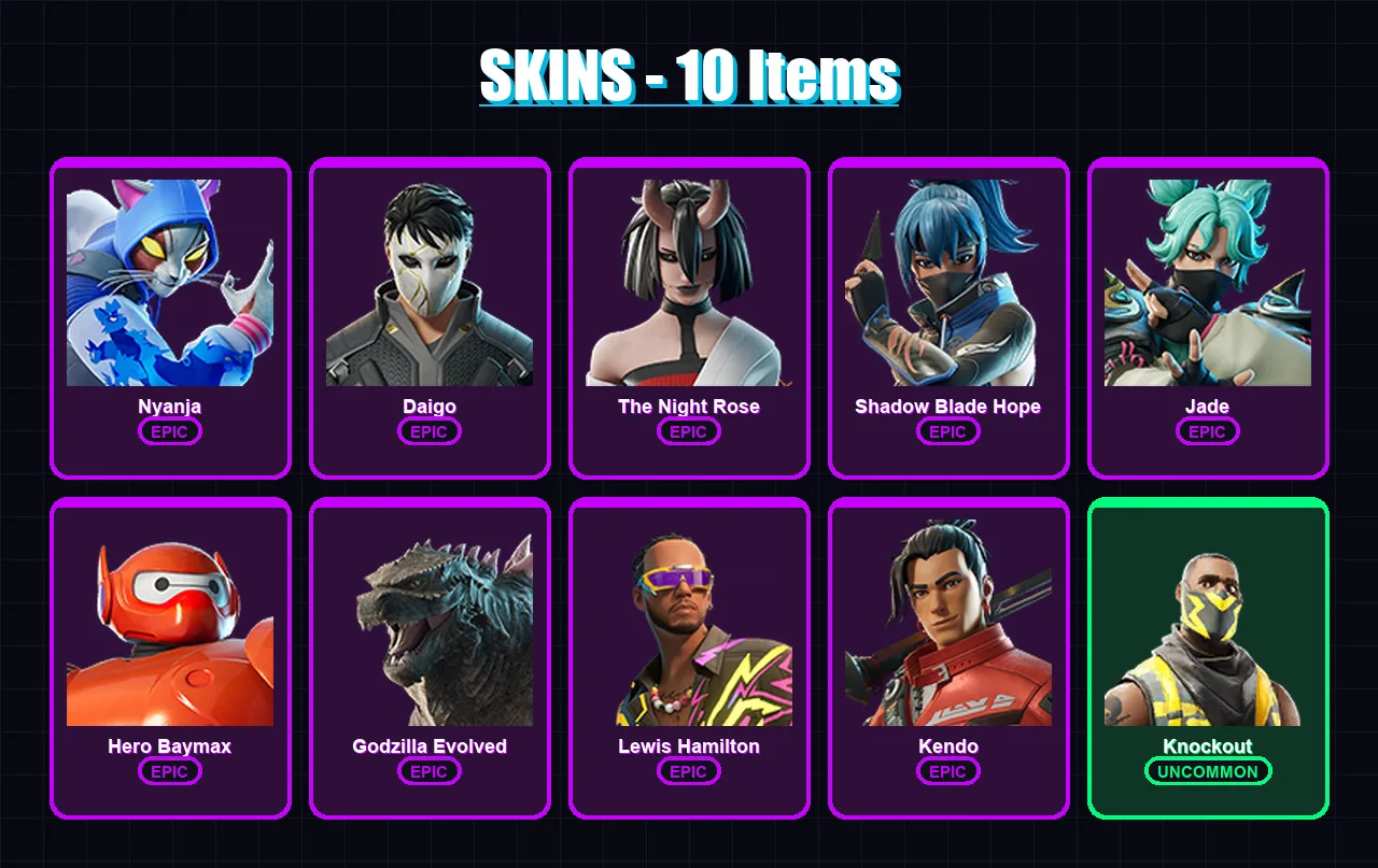 [PC/XBOX/PSN] | Nyanja | Daigo | The Night Rose | Shadow Blade Hope | Jade | 10 skin | 27 pickaxe | 21 emote | 21 glider | Lv456
