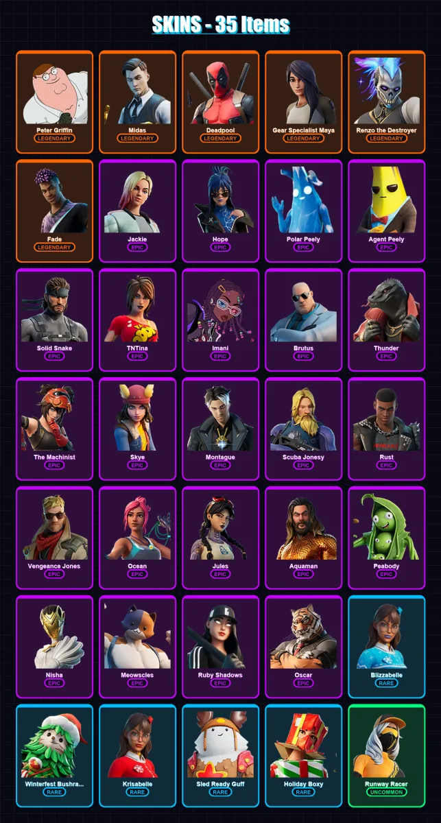 [PC/XBOX/PSN] | Peter Griffin | Midas | Deadpool | Gear Specialist Maya | Renzo the Destroyer | 35 skin | 49 pickaxe | 42 emote | 56 glider | Lv720