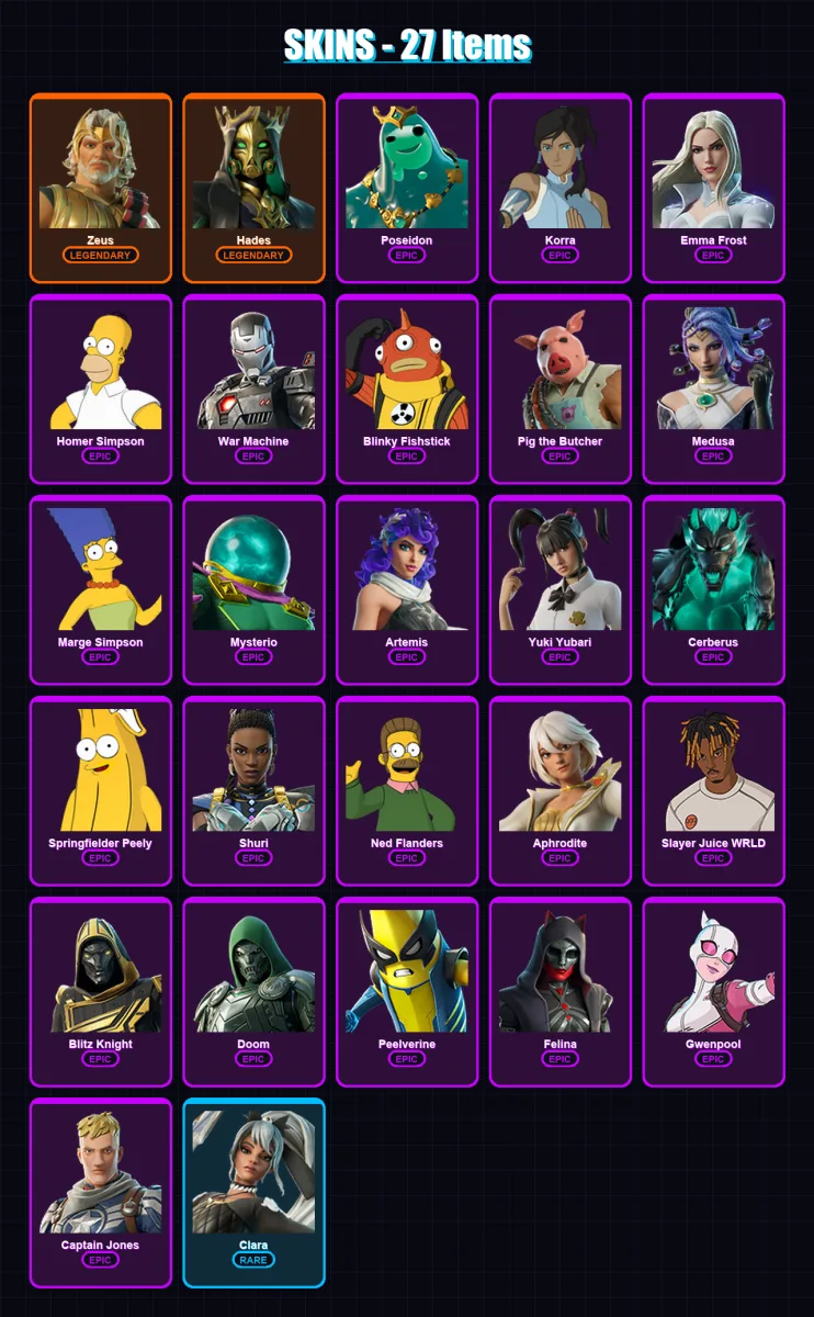 [SWITCH/XBOX/PC] | Zeus | Hades | Poseidon | Korra | Emma Frost | 27 skin | 87 pickaxe | 46 emote | 67 glider | Lv960
