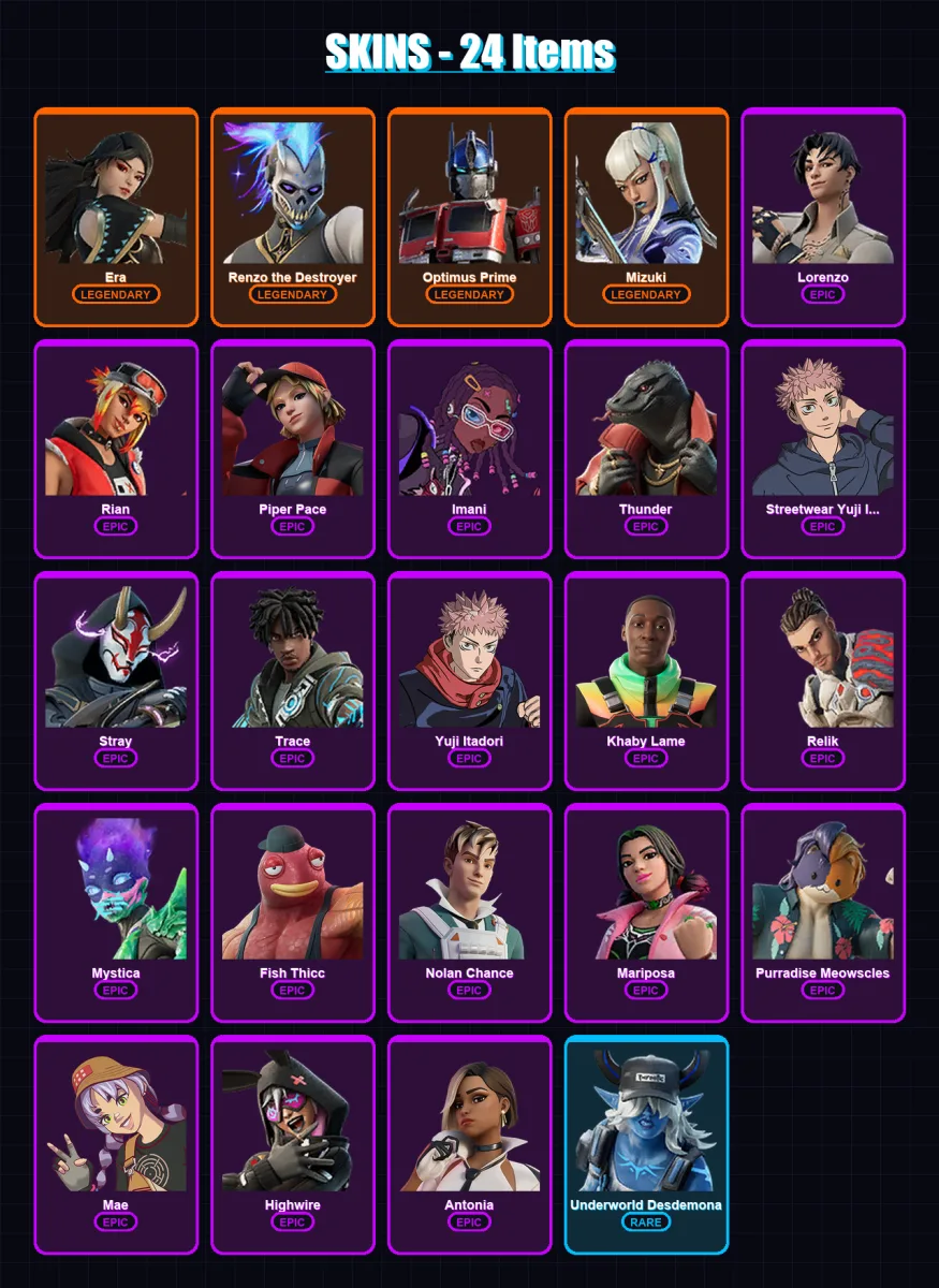 [PC/XBOX/PSN] | Era | Renzo the Destroyer | Optimus Prime | Mizuki | Lorenzo | 24 skin | 29 pickaxe | 28 emote | 30 glider | Lv410