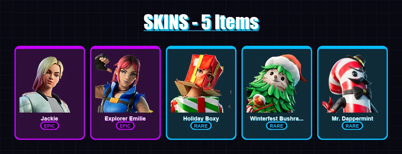[PS4/PS5/XBOX/PC] | Jackie | Explorer Emilie | Holiday Boxy | Winterfest Bushranger | Mr. Dappermint | 5 skin | 4 pickaxe | 7 emote | 8 glider | Lv7