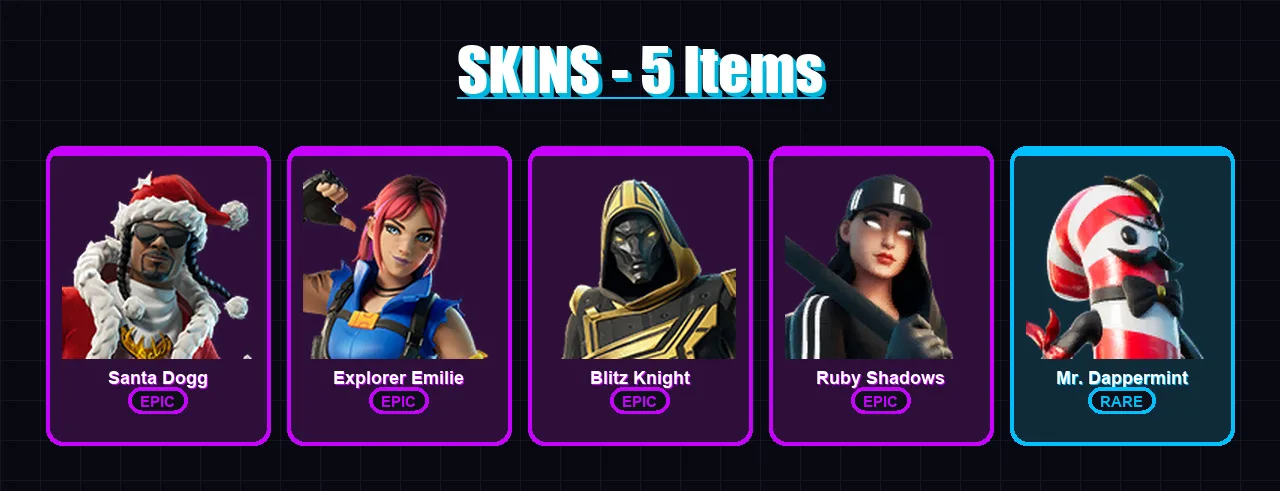 [PC] | Santa Dogg | Explorer Emilie | Blitz Knight | Ruby Shadows | Mr. Dappermint | 5 skin | 14 pickaxe | 7 emote | 8 glider | Lv91
