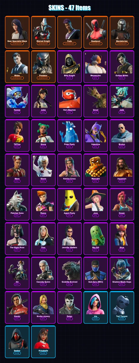 [PS4/PS5/XBOX/PC] | Gear Specialist Maya | Eternal Knight | Fade | Deadpool | Mandalorian | 47 skin | 73 pickaxe | 50 emote | 64 glider | Lv816