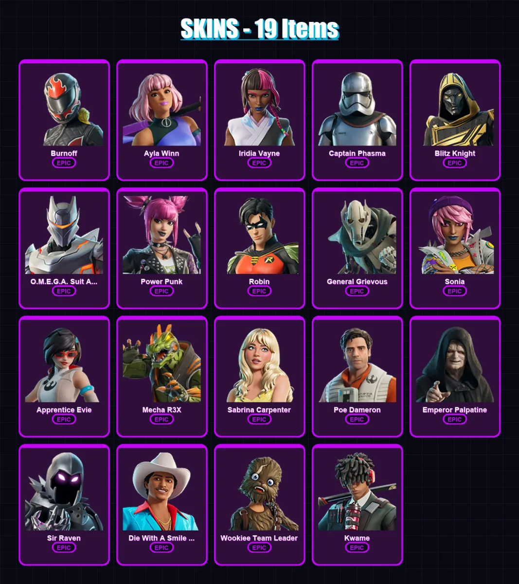 [PC/XBOX/PSN] | Burnoff | Ayla Winn | Iridia Vayne | Captain Phasma | Blitz Knight | 19 skin | 29 pickaxe | 24 emote | 19 glider | Lv111