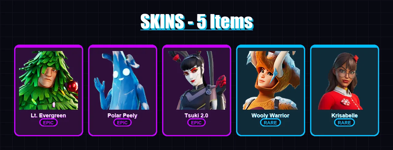 [PC/XBOX] | Lt. Evergreen | Polar Peely | Tsuki 2.0 | Wooly Warrior | Krisabelle | 5 skin | 15 pickaxe | 13 emote | 21 glider | Lv285