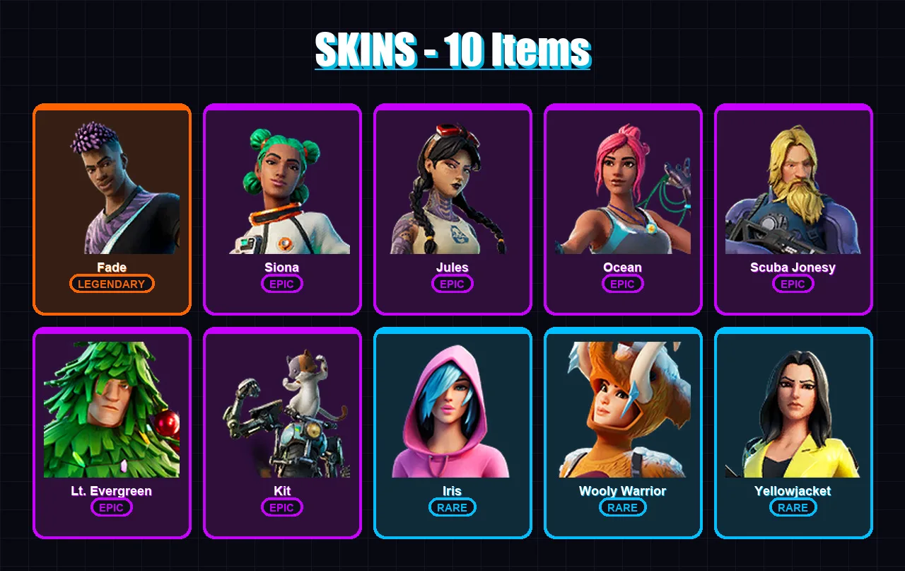 [PC/XBOX/PSN] | Fade | Siona | Jules | Ocean | Scuba Jonesy | 10 skin | 17 pickaxe | 16 emote | 19 glider | Lv250 — Fortnite account