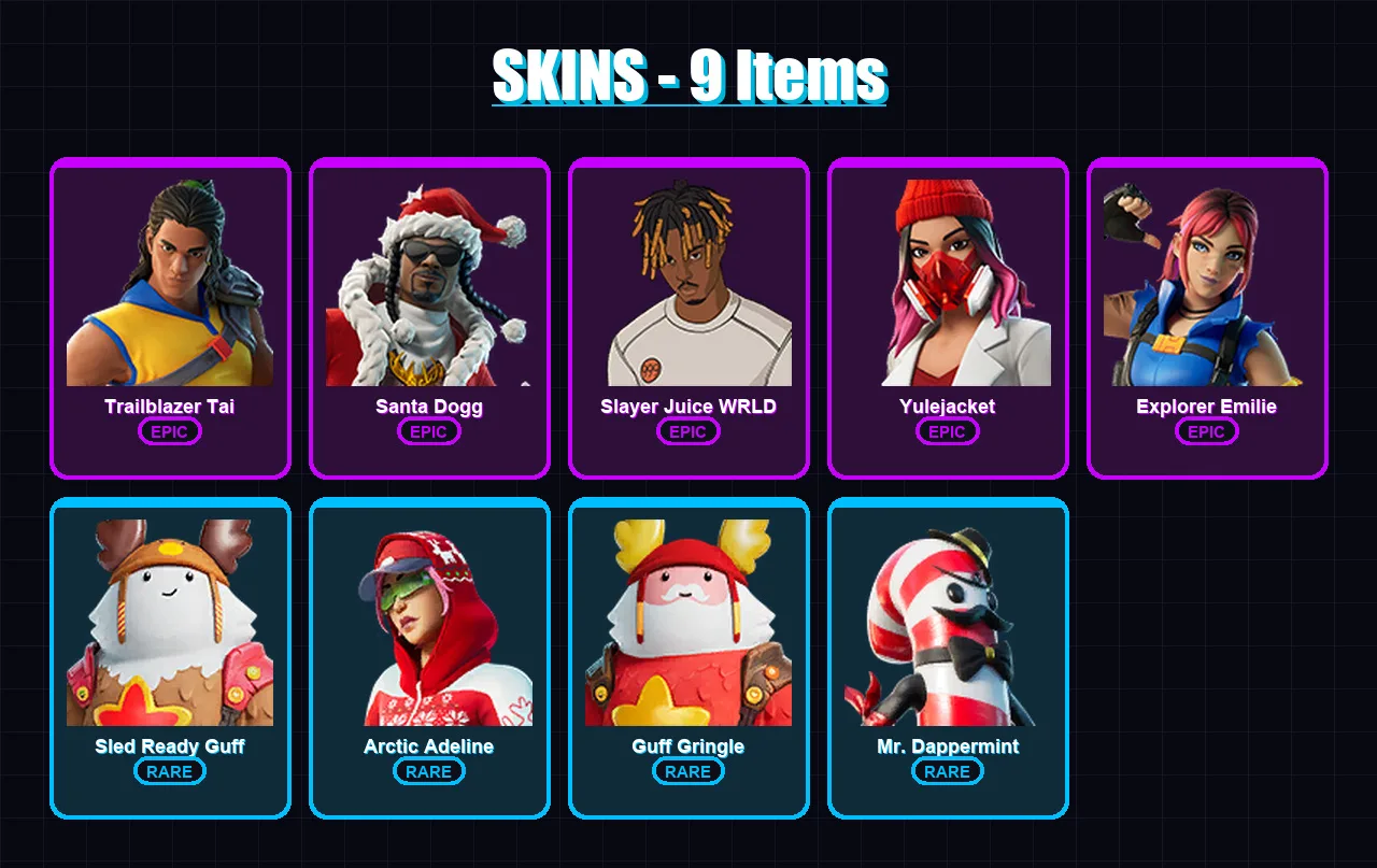 [PC/XBOX/PSN] | Trailblazer Tai | Santa Dogg | Slayer Juice WRLD | Yulejacket | Explorer Emilie | 9 skin | 15 pickaxe | 7 emote | 11 glider | Lv80