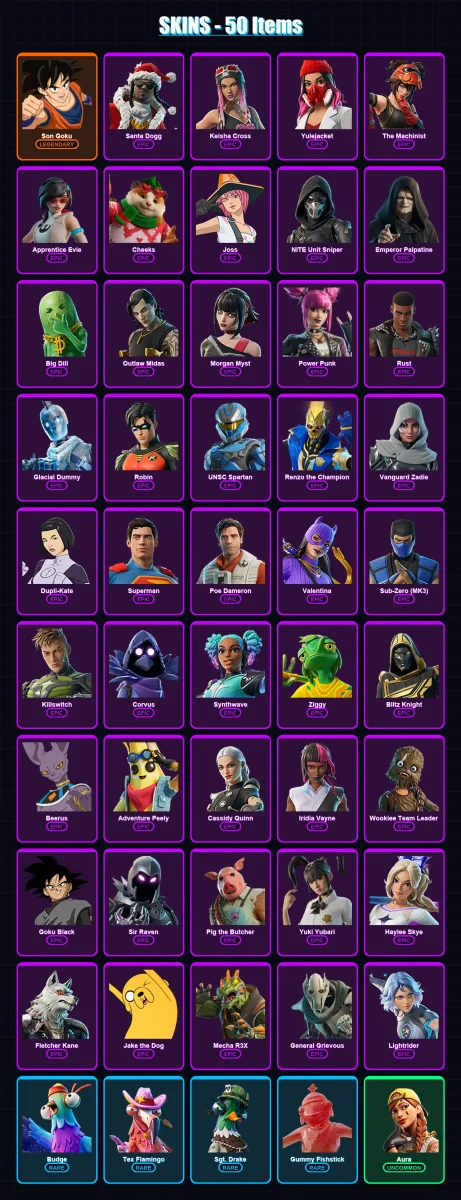 [PS4/PS5/XBOX/PC] | Son Goku | Santa Dogg | Keisha Cross | Yulejacket | The Machinist | 50 skin | 103 pickaxe | 60 emote | 67 glider | Lv1973