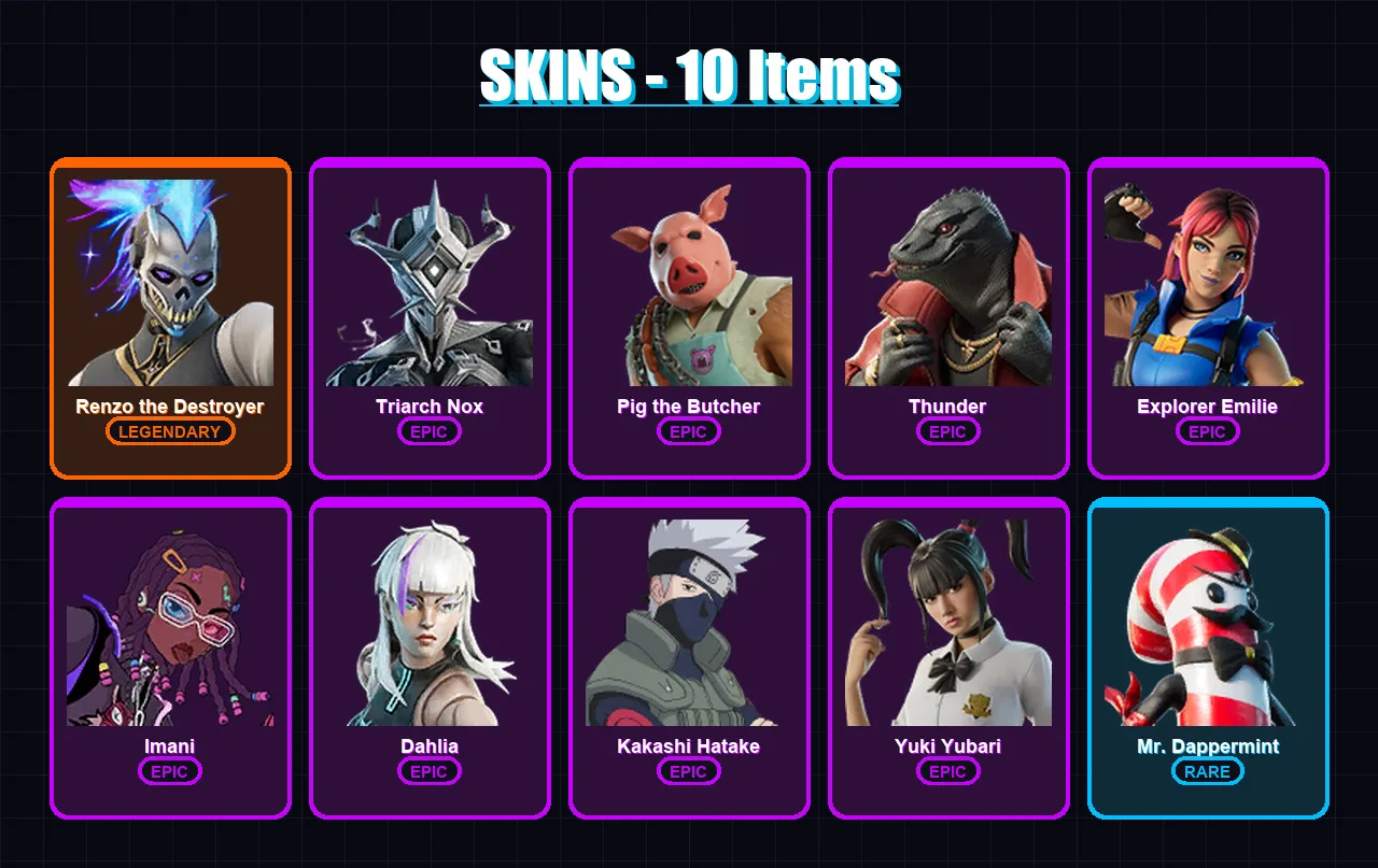 [PC/XBOX] | Renzo the Destroyer | Triarch Nox | Pig the Butcher | Thunder | Explorer Emilie | 10 skin | 32 pickaxe | 17 emote | 23 glider | Lv259