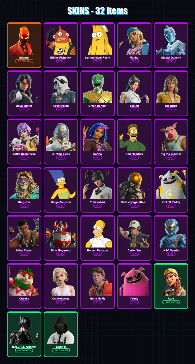 [PC/XBOX] | Inferno | Blinky Fishstick | Springfielder Peely | Malibu | Glacial Dummy | 32 skin | 56 pickaxe | 42 emote | 38 glider | Lv590