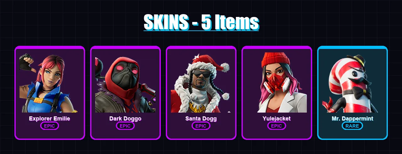 [PS4/PS5/XBOX/PC] | Explorer Emilie | Dark Doggo | Santa Dogg | Yulejacket | Mr. Dappermint | 5 skin | 12 pickaxe | 5 emote | 7 glider | Lv48 — Game account