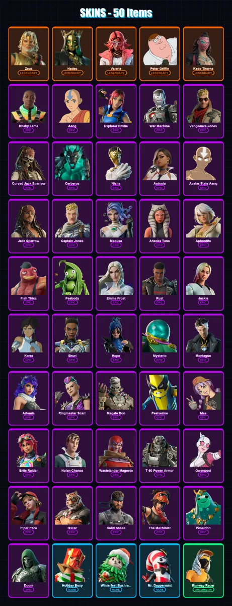 [PC/XBOX/PSN] | Zeus | Hades | Valeria | Peter Griffin | Kado Thorne | 50 skin | 62 pickaxe | 55 emote | 51 glider | Lv1072