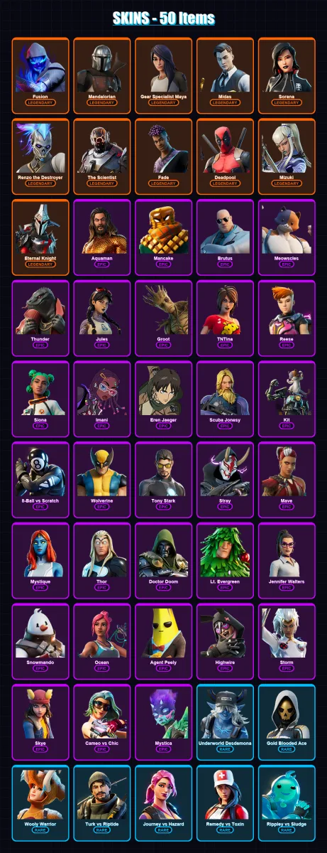 [PS4/PS5/XBOX/PC] | Fusion | Mandalorian | Gear Specialist Maya | Midas | Sorana | 50 skin | 66 pickaxe | 57 emote | 68 glider | Lv1104