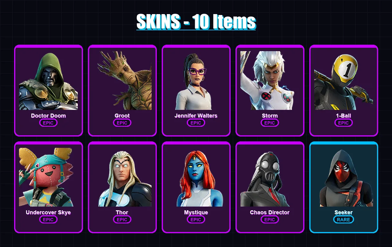 [PC/XBOX/PSN] | Doctor Doom | Groot | Jennifer Walters | Storm | 1-Ball | 10 skin | 22 pickaxe | 10 emote | 14 glider | Lv144