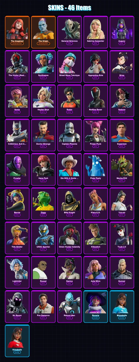 [PC/PSN] | The Imagined | The Origin | General Grievous | Sabrina Carpenter | Augury | 46 skin | 66 pickaxe | 48 emote | 45 glider | Lv539
