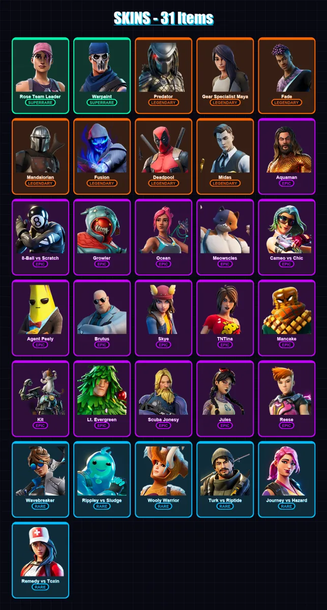 [PC/XBOX/PSN] | Rose Team Leader | Warpaint | Predator | Gear Specialist Maya | Fade | 31 skin | 43 pickaxe | 43 emote | 44 glider | Lv462