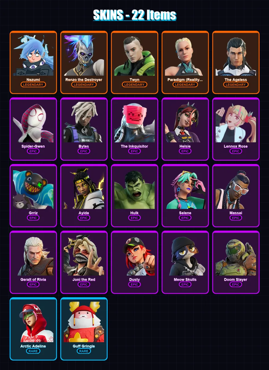 [PC/XBOX/PSN] | Nezumi | Renzo the Destroyer | Twyn | Paradigm (Reality-659) | The Ageless | 22 skin | 28 pickaxe | 16 emote | 23 glider | Lv261 — Game account