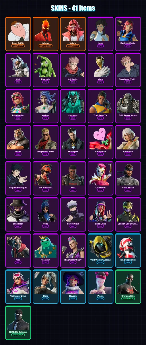 [PC/XBOX/PSN] | Peter Griffin | Inferno | Valeria | Korra | Explorer Emilie | 41 skin | 36 pickaxe | 42 emote | 27 glider | Lv273