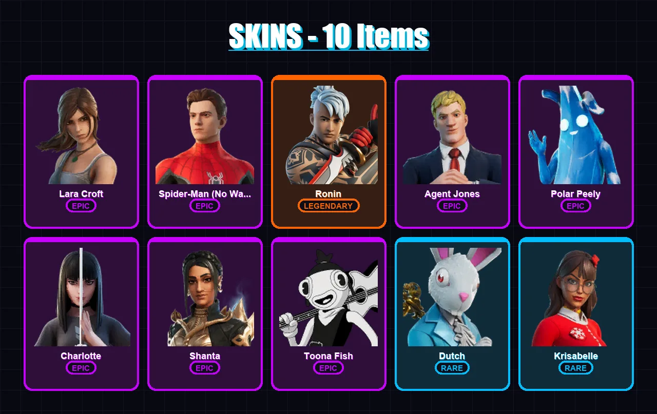 [PC/XBOX/PSN] | Lara Croft | Spider-Man (No Way Home) | Ronin | Agent Jones | Polar Peely | 10 skin | 16 pickaxe | 24 emote | 19 glider | Lv312