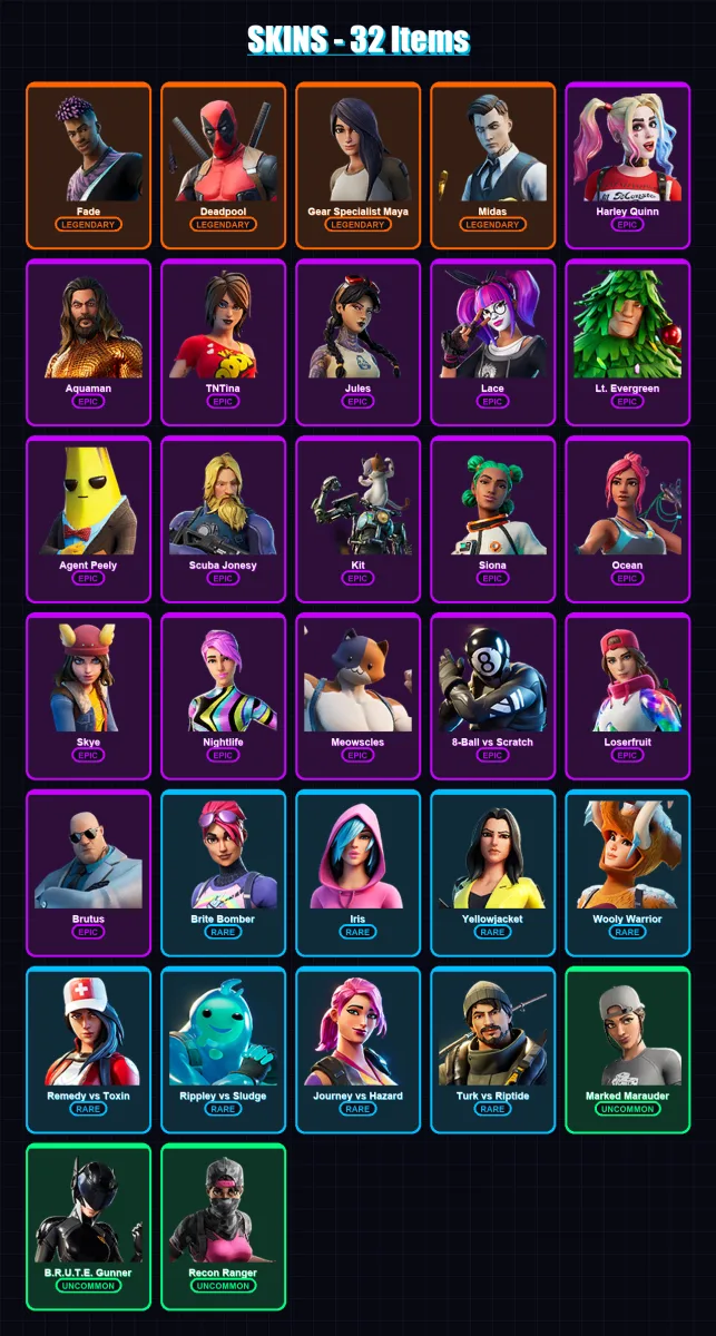 [PC/XBOX/PSN] | Fade | Deadpool | Gear Specialist Maya | Midas | Harley Quinn | 32 skin | 28 pickaxe | 33 emote | 26 glider | Lv335
