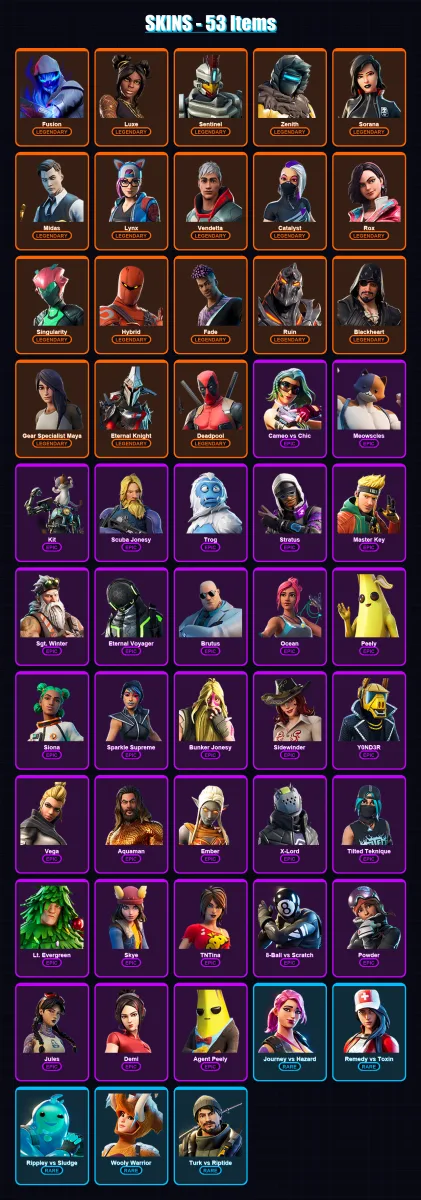 [PS4/PS5/XBOX/PC] | Fusion | Luxe | Sentinel | Zenith | Sorana | 53 skin | 52 pickaxe | 63 emote | 58 glider | Lv1134