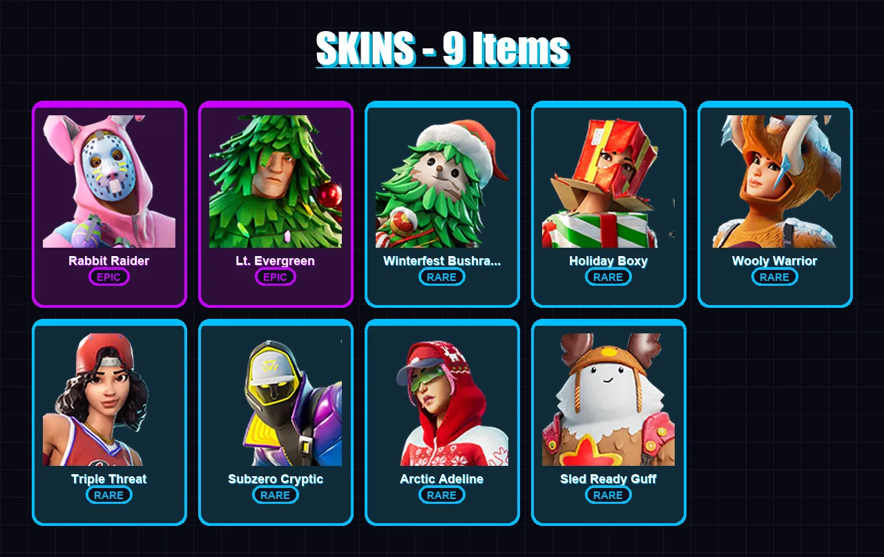 [PS4/PS5/XBOX/PC] | Rabbit Raider | Lt. Evergreen | Winterfest Bushranger | 9 skin | Lv321