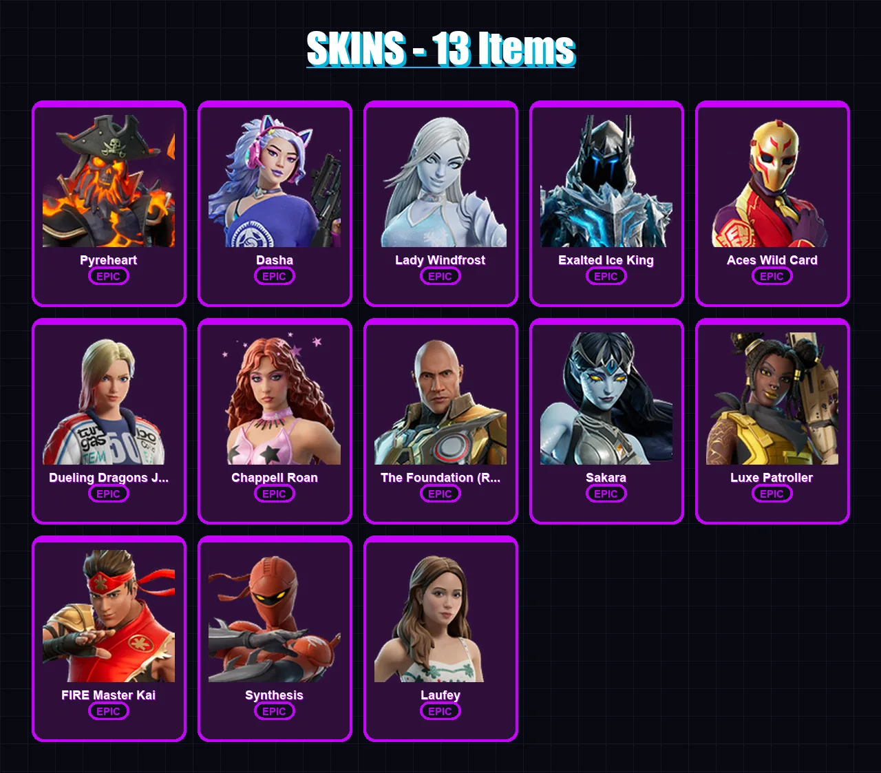 [PC/PSN] | Pyreheart | Dasha | Lady Windfrost | Exalted Ice King | Aces Wild Card | 13 skin | 14 pickaxe | 7 emote | 12 glider | Lv45 — Fortnite account