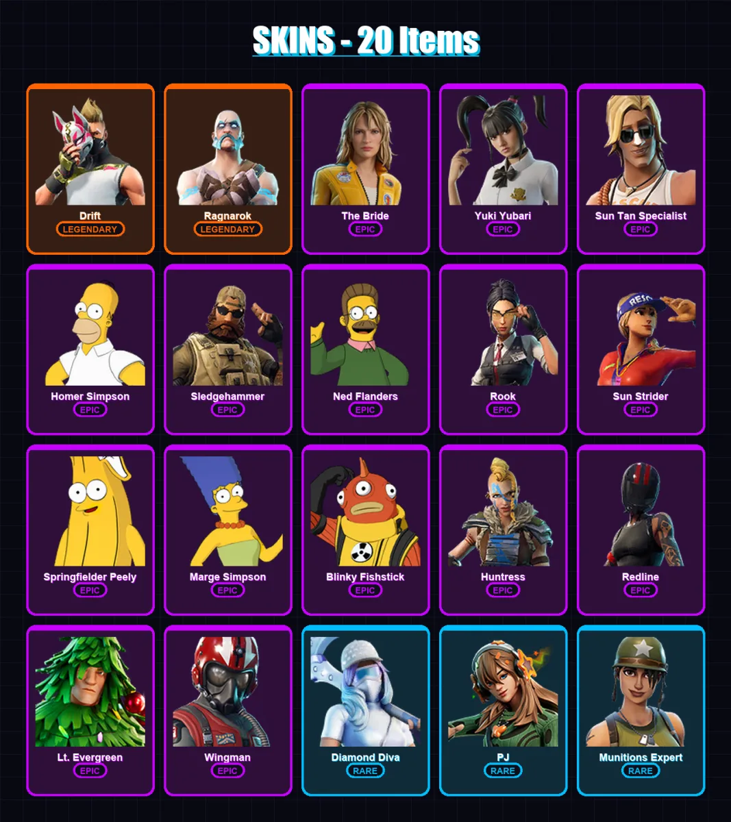 [PC/XBOX/PSN] | Drift | Ragnarok | The Bride | Yuki Yubari | Sun Tan Specialist | 20 skin | 26 pickaxe | 31 emote | 28 glider | Lv368