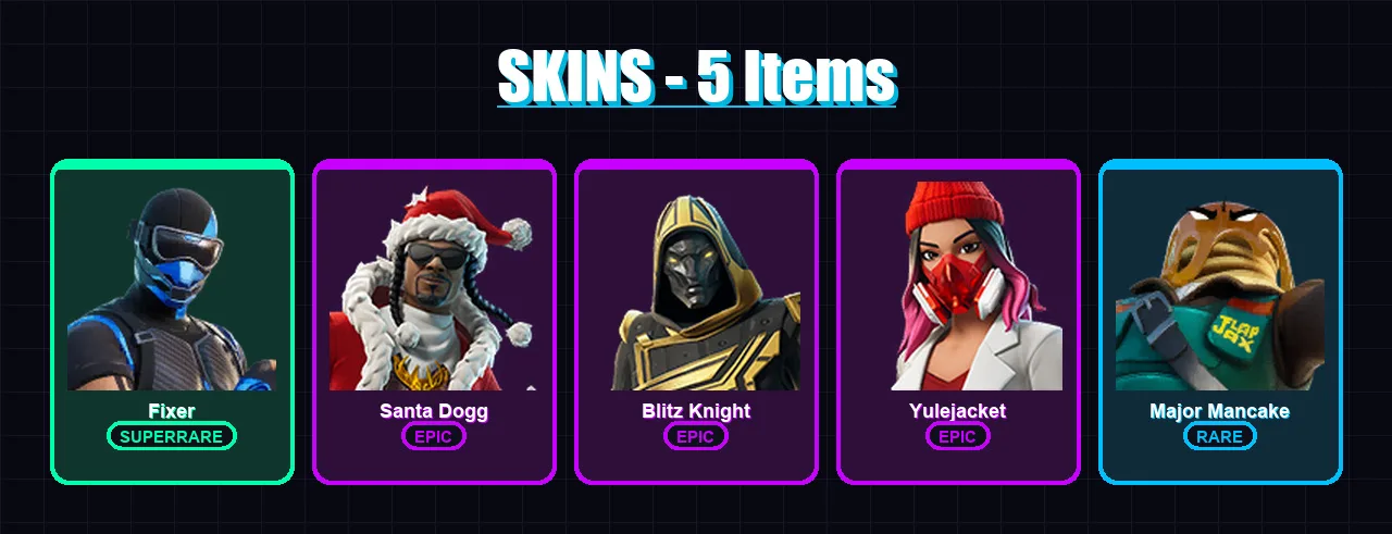 [PS4/PS5/XBOX/PC] | Fixer | Santa Dogg | Blitz Knight | Yulejacket | Major Mancake | 5 skin | 10 pickaxe | 6 emote | 8 glider | Lv161