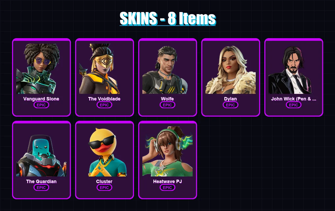 [PC/XBOX/PSN] | Vanguard Slone | The Voidblade | Wolfe | Dylan | John Wick (Pen & Ink) | 8 skin | 13 pickaxe | 13 emote | 12 glider | Lv95