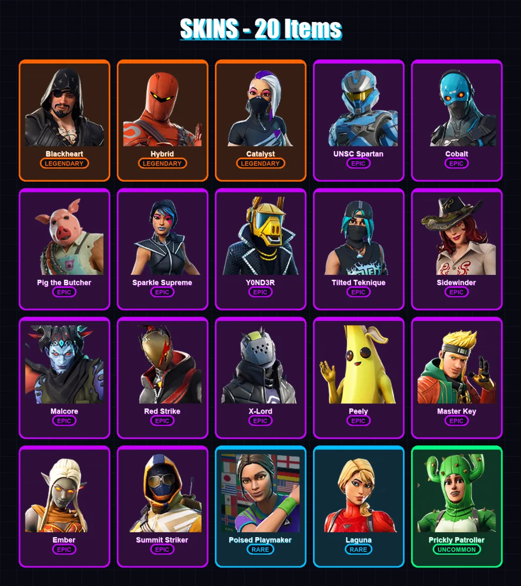 [PC/XBOX/PSN] | Blackheart | Hybrid | Catalyst | UNSC Spartan | Cobalt | 20 skin | 35 pickaxe | 42 emote | 39 glider | Lv561