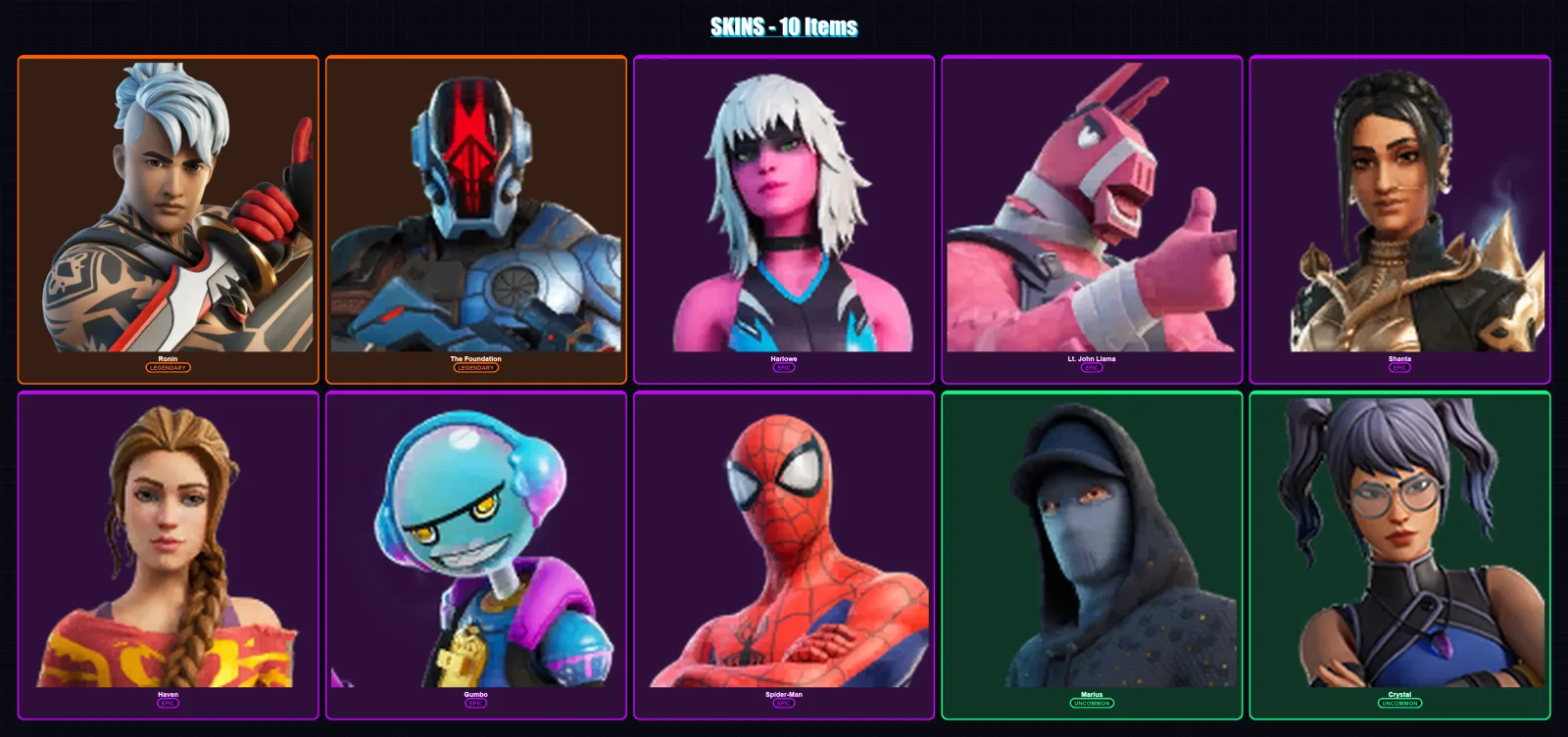 [PC/XBOX/PSN] | Ronin | The Foundation | Harlowe | Lt. John Llama | Shanta | 10 skin | 13 pickaxe | 11 emote | 12 glider | Lv189
