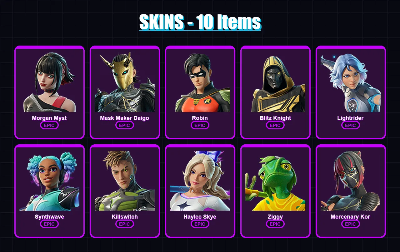 [PC/PSN] | Morgan Myst | Mask Maker Daigo | Robin | Blitz Knight | Lightrider | 10 skin | 18 pickaxe | 12 emote | 12 glider | Lv241