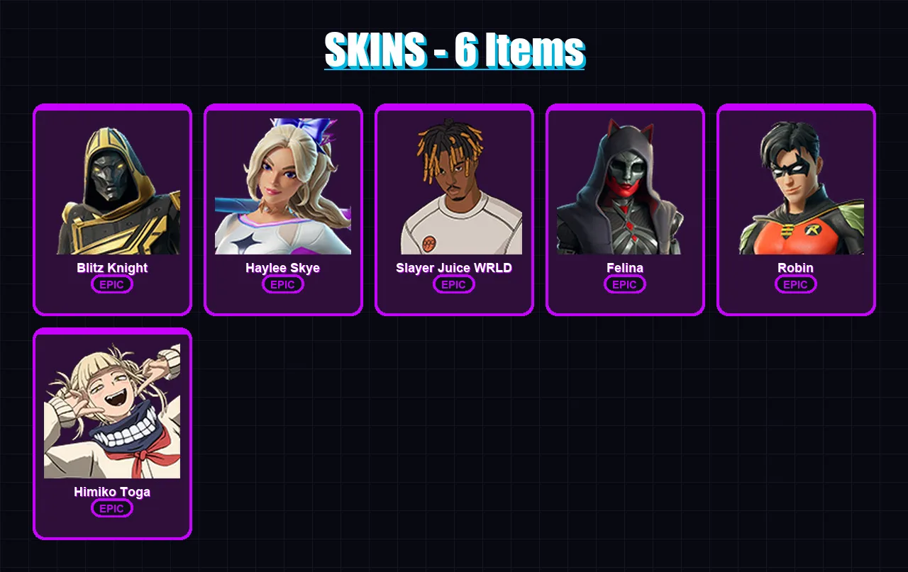 [PC/XBOX/PSN] | Blitz Knight | Haylee Skye | Slayer Juice WRLD | Felina | Robin | 6 skin | 43 pickaxe | 16 emote | 20 glider | Lv328