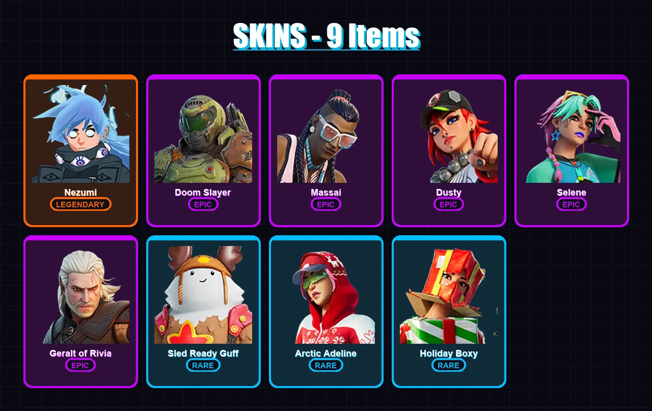 [PC/XBOX/PSN] | Nezumi | Doom Slayer | Massai | Dusty | Selene | 9 skin | 17 pickaxe | 15 emote | 24 glider | Lv218