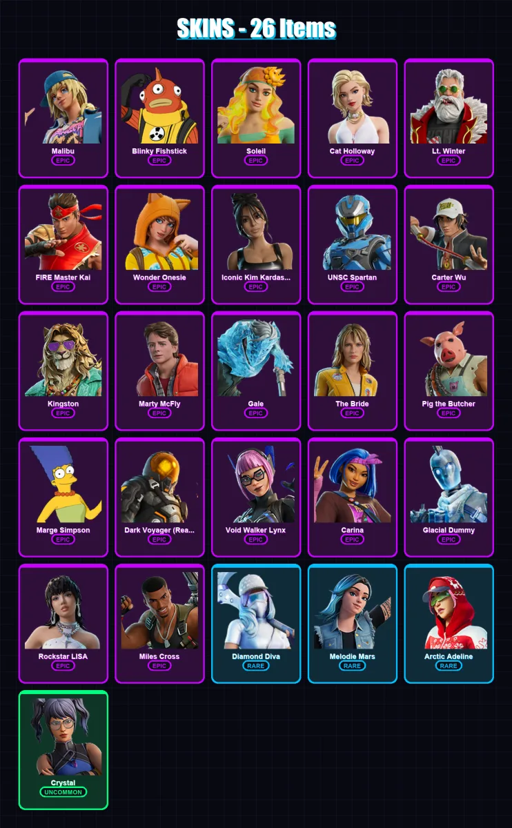 [PC/PSN] | Malibu | Blinky Fishstick | Soleil | Cat Holloway | Lt. Winter | 26 skin | 53 pickaxe | 31 emote | 33 glider | Lv367