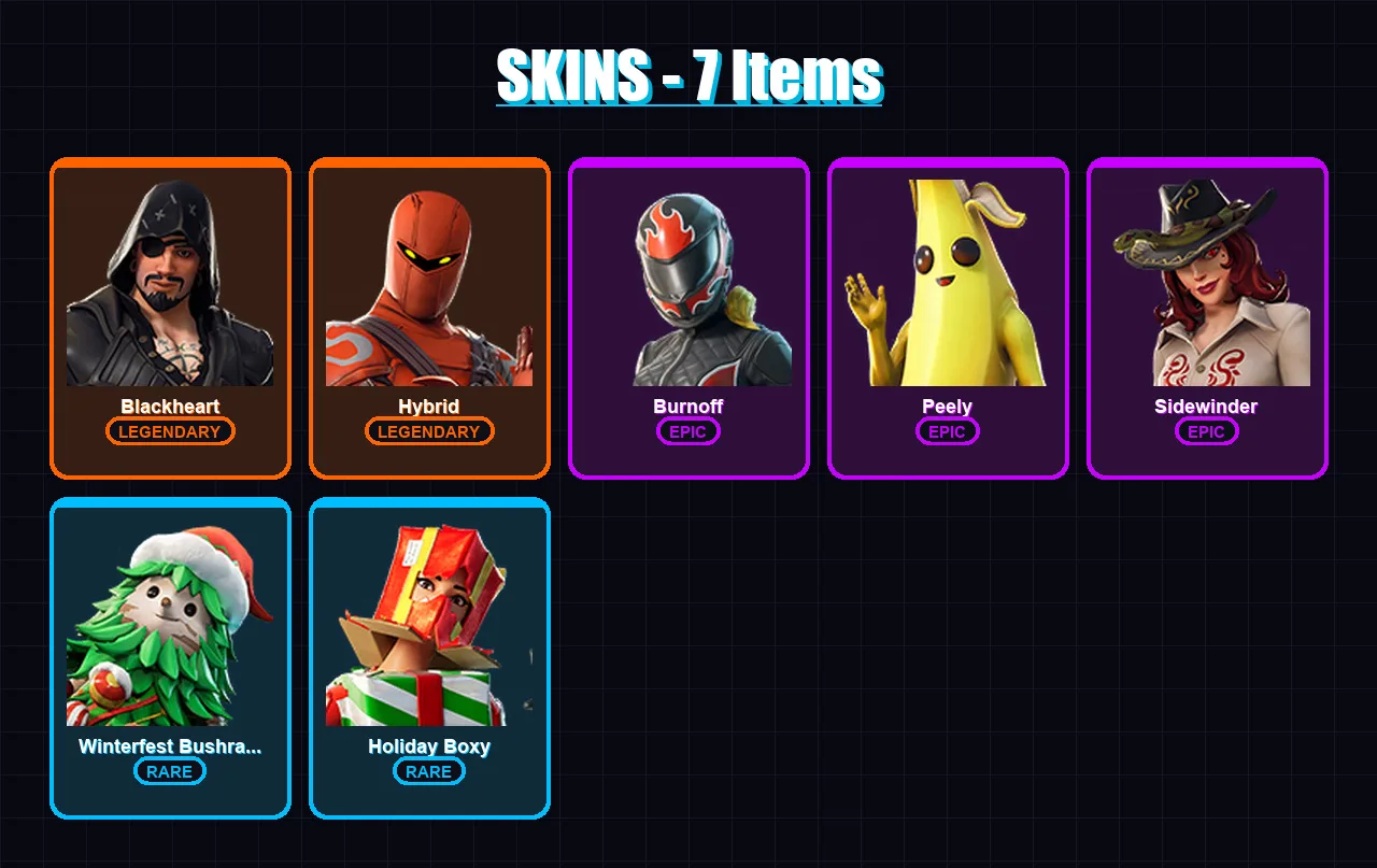 [PC/XBOX/PSN] | Blackheart | Hybrid | Burnoff | Peely | Sidewinder | 7 skin | 6 pickaxe | 9 emote | 6 glider | Lv56