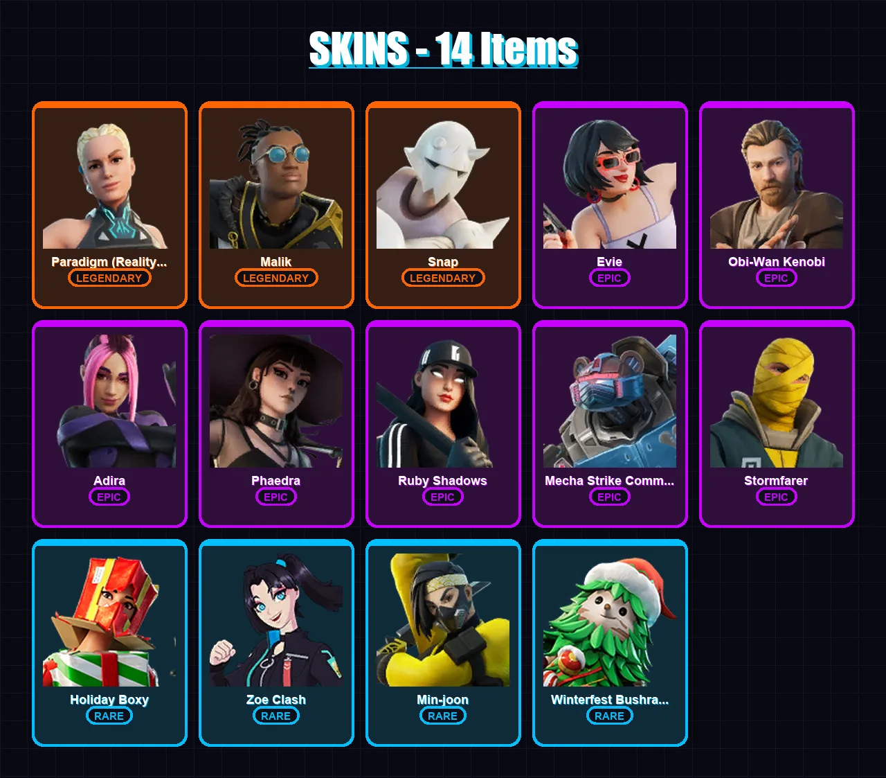 [PC/XBOX/PSN] | Paradigm (Reality-659) | Malik | Snap | Evie | Obi-Wan Kenobi | 14 skin | 23 pickaxe | 19 emote | 24 glider | Lv286