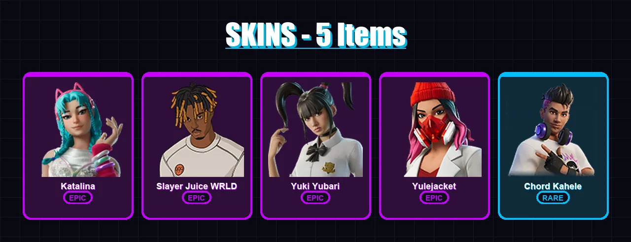 [PC/XBOX/PSN] | Katalina | Slayer Juice WRLD | Yuki Yubari | Yulejacket | Chord Kahele | 5 skin | 30 pickaxe | 13 emote | 19 glider | Lv176