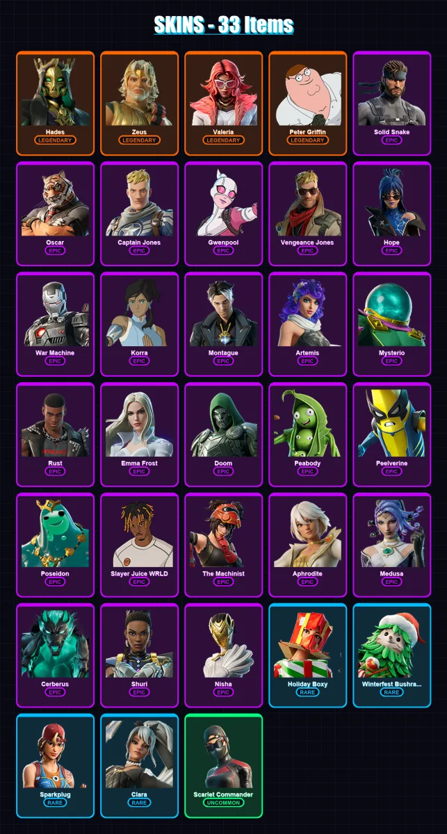 [PC/PSN] | Hades | Zeus | Valeria | Peter Griffin | Solid Snake | 33 skin | 45 pickaxe | 31 emote | 35 glider | Lv407