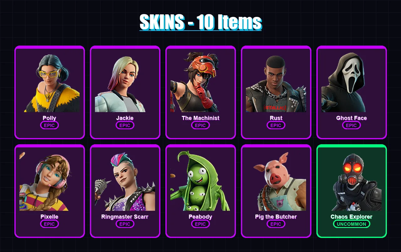 [PS4/PS5/XBOX/PC] | Polly | Jackie | The Machinist | Rust | Ghost Face | 10 skin | 25 pickaxe | 12 emote | 21 glider | Lv285 — Fortnite account