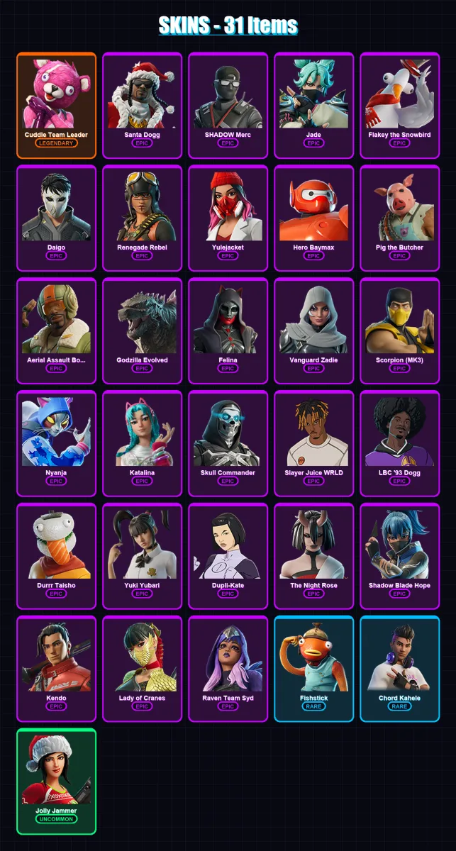 [PC/XBOX/PSN] | Cuddle Team Leader | Santa Dogg | SHADOW Merc | Jade | Flakey the Snowbird | 31 skin | 72 pickaxe | 43 emote | 47 glider | Lv1040